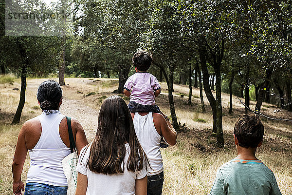 Rückansicht einer Familie mit drei Kindern auf einem Waldweg.