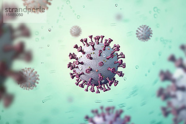 Medizinische Illustration  Coronavirus-Virus-Mikrobe mit Spikes aus Glykoproteinen  M-Proteinen  E-Proteinen und Hämagglutin-Esterase  auf grauem Hintergrund