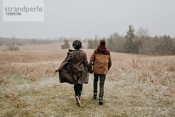 Rückansicht eines Paares  das Händchen hält und in eine winterliche  ländliche Landschaft geht.