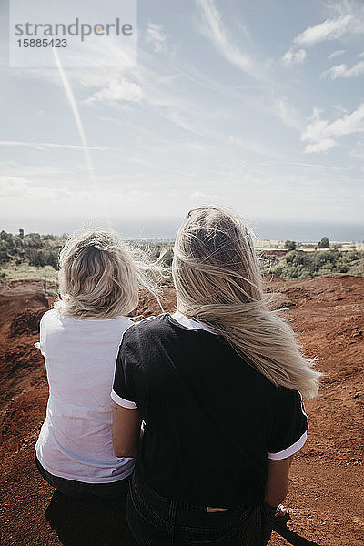 Rückansicht von jungen Freunden  die die Landschaft im Waimea Canyon State Park genießen  Kauai  Hawaii  USA