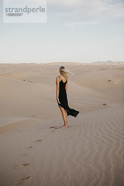 Rückenansicht einer blonden Frau  die auf einer Sanddüne steht  Algodones Dunes  Brawley  USA