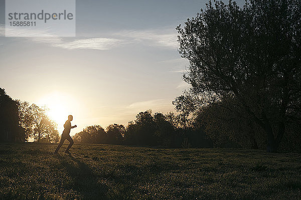 Silhouette eines Mannes  der bei Sonnenaufgang in einem Park joggt