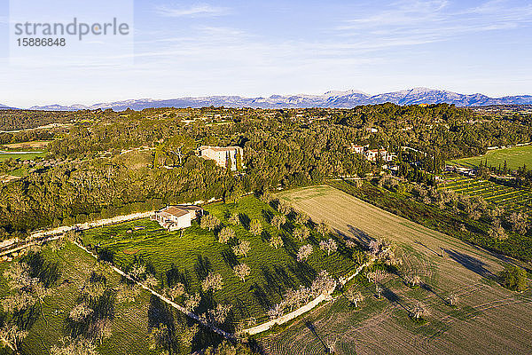 Spanien  Balearen  Mallorca  Montuiri  Luftaufnahme einer grünen Landschaft