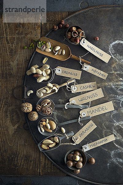 Sammlung verschiedener Nüsse mit Namensschildern auf rustikalem Backblech liegend