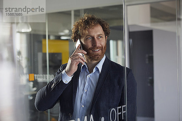 Porträt eines lächelnden Geschäftsmannes im Büro am Telefon