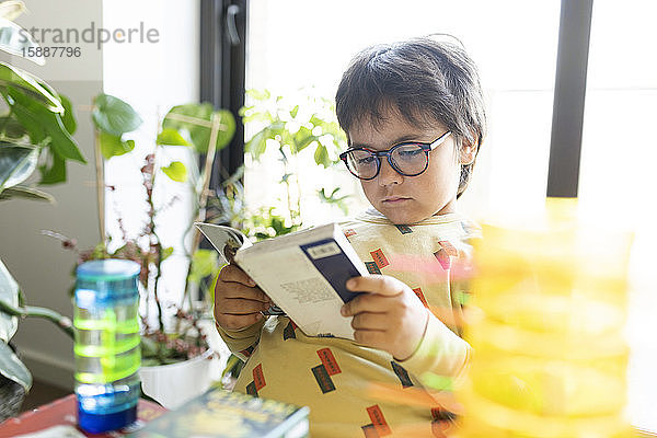 Porträt eines kleinen Jungen  der zu Hause Comics liest