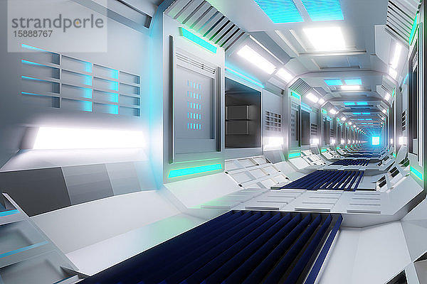 Dreidimensionale Darstellung eines hellen futuristischen Korridors