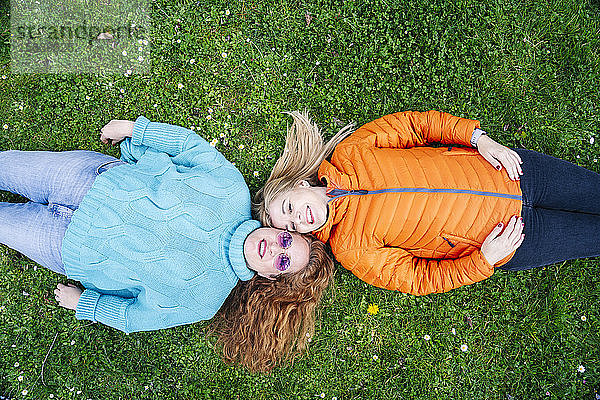 Porträt von zwei glücklichen Freunden auf einer Wiese liegend