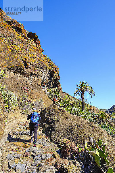 Spanien  Provinz Santa Cruz de Tenerife  San Sebastian de La Gomera  Rückansicht einer Wanderung für ältere Rucksacktouristen entlang eines felsigen Hangs am Alto de Tacalcuse