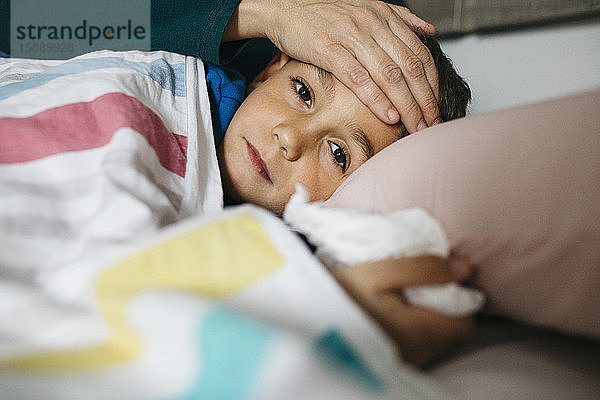 Porträt eines kranken Jungen  der im Bett liegt  während seine Mutter seine Stirn berührt