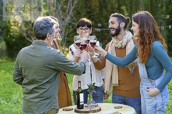Gruppe von Freunden stößt auf ihrem Ausflug aufs Land mit Rotwein an
