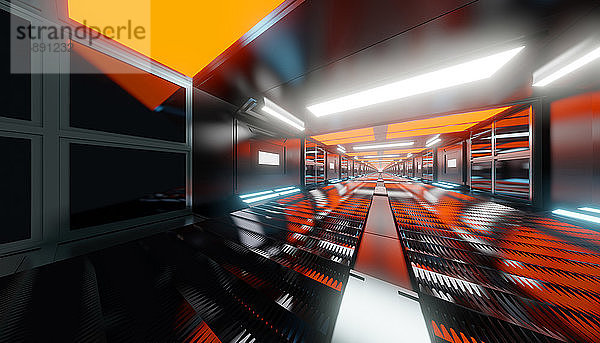 Dreidimensionale Darstellung eines hellen futuristischen Korridors im Inneren eines Raumschiffs oder einer Raumstation