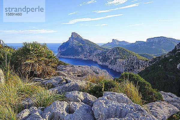 Spanien  Mallorca  Pollenca  Panoramablick auf die Halbinsel Cap de Formentor vom Mirador Es Colomer aus gesehenDirectionsSave