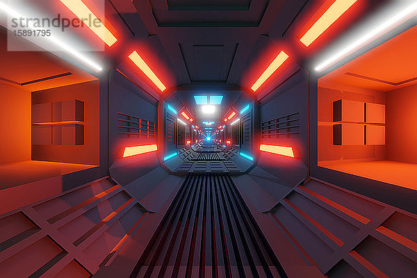 Dreidimensionale Darstellung eines hellen futuristischen Korridors im Inneren eines Raumschiffs oder einer Raumstation