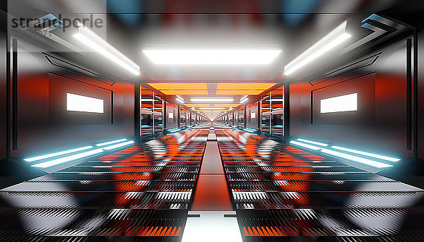Dreidimensionale Darstellung eines neonfarbenen futuristischen Korridors
