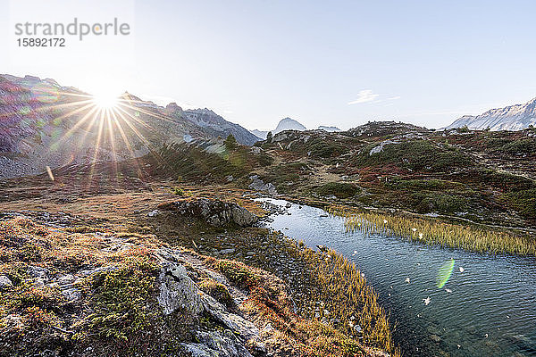 Schweiz  Kanton Graubünden  Ufer des Sees Crap Alv Lajets bei herbstlichem Sonnenuntergang