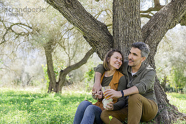 Glückliches Paar sitzt an einem Baum auf dem Land