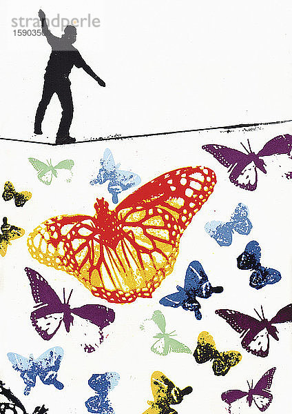 Mann auf dem Drahtseil über bunten Schmetterlingen