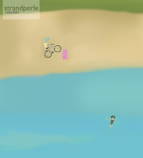 Frau schwimmt im Meer an einem abgelegenen Strand