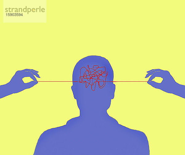 Die Hände entwirren den Faden aus dem Knäuel im Kopf