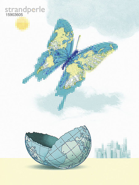 Gepixelte Weltkarte Schmetterling aus zerbrochenem Globus