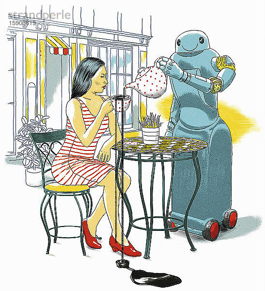 Roboter-Kellner verschüttet den Tee eines Kunden im Café