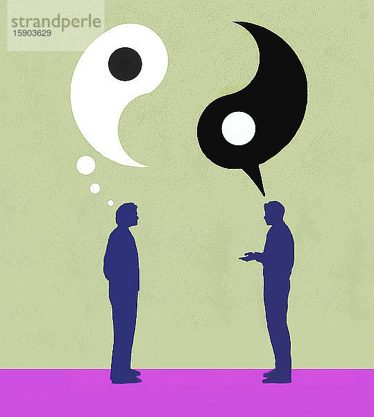 Männer im Gespräch mit Yin und Yang Sprech- und Gedankenblasen