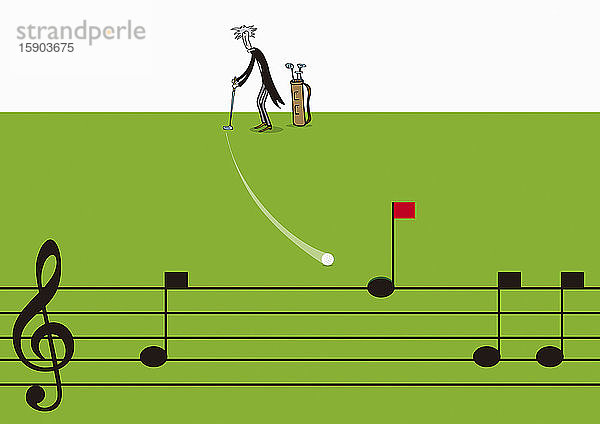 Ein klassischer Musiker schlägt einen Golfball in das Loch einer Musiknote