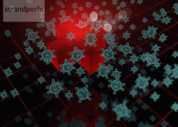 Computergenerierte Illustration von vielen Virusorganismen  die die Form des roten Kreuzes angreifen