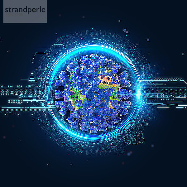 Digitale Technologie und computergeneriertes Coronavirus als Weltkarte