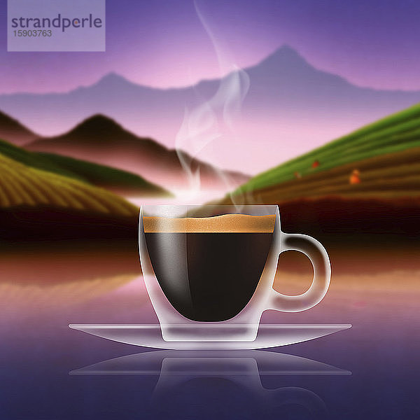 Glas Espressokaffee in Plantagenlandschaft