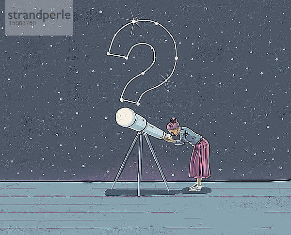 Frau schaut durch ein Teleskop auf ein Fragezeichen in den Sternen