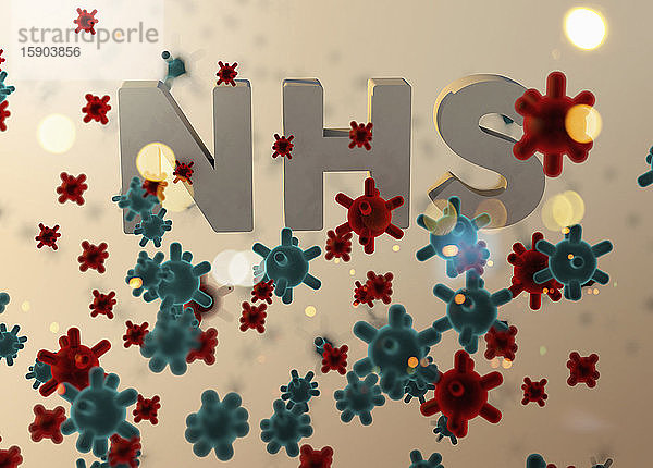 Computergenerierte Illustration vieler Viren  die den NHS angreifen