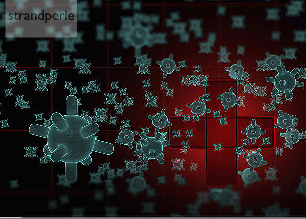 Computergenerierte Illustration von vielen Virusorganismen  die die Form des roten Kreuzes angreifen