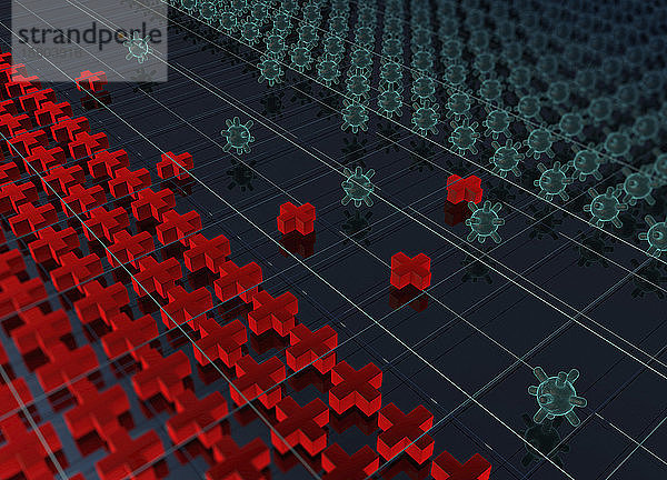 Computergenerierte Illustration der Frontlinie zwischen vielen Virusorganismen und roten Kreuzen