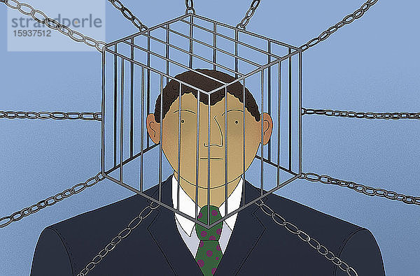 Geschäftsmann mit eingeklemmtem Kopf in einem Käfig