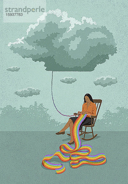 Frau strickt einen Regenbogen aus grauer Wolke