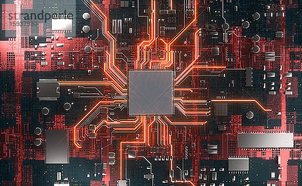 CPU in der Mitte einer leuchtenden Hightech-Computerplatine