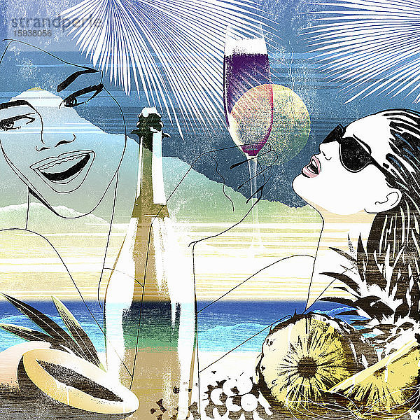 Montage von jungen Frauen  die im tropischen Urlaub Champagner genießen