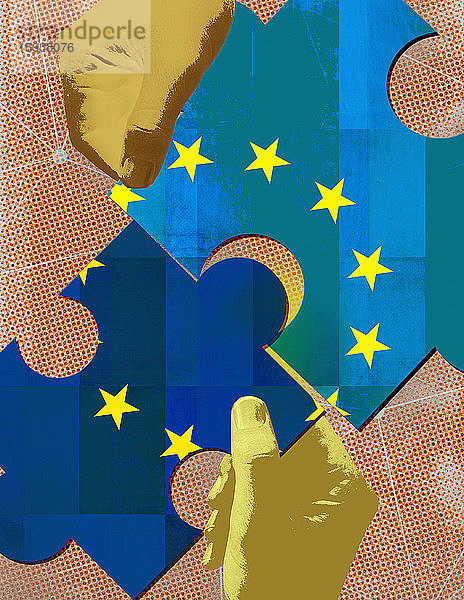 Hände  die Puzzleteile der Europäischen Union zusammensetzen
