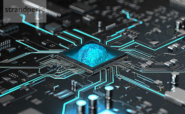 Glühendes menschliches Gehirn in der Mitte einer Hightech-Computerplatine