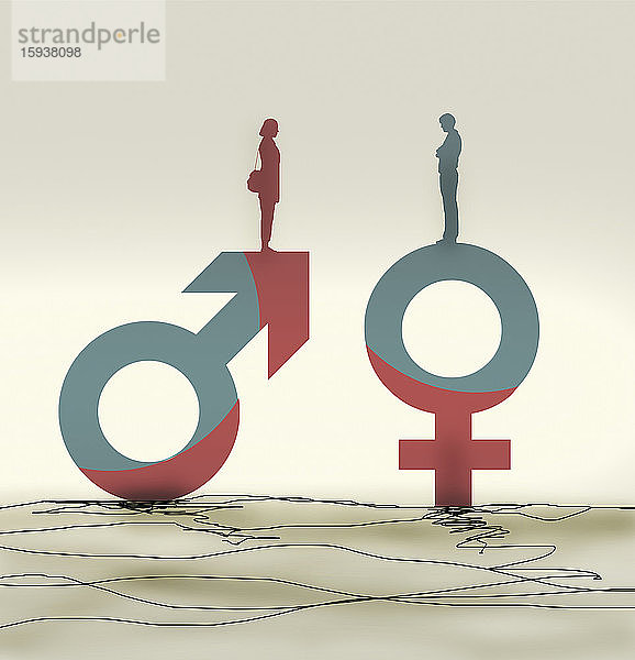 Frau auf männlichem Symbol stehend  Mann auf weiblichem Symbol zugewandt