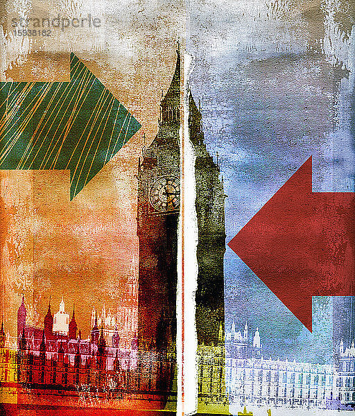 Die Häuser des britischen Parlaments sind durch Pfeile in entgegengesetzte Richtungen geteilt