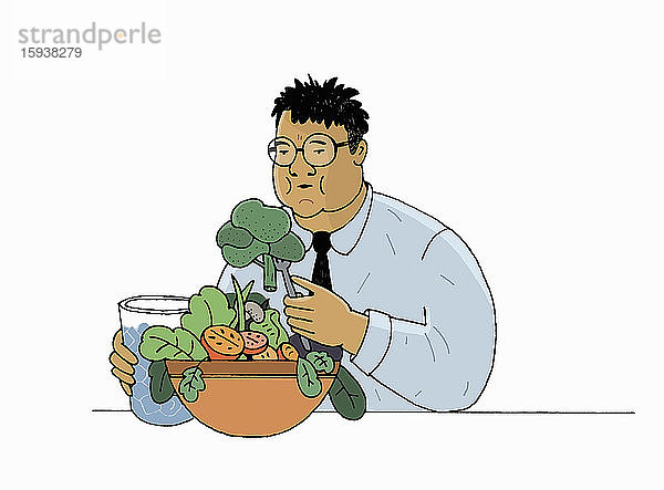 Übergewichtiger Mann isst große Schüssel mit Gemüse