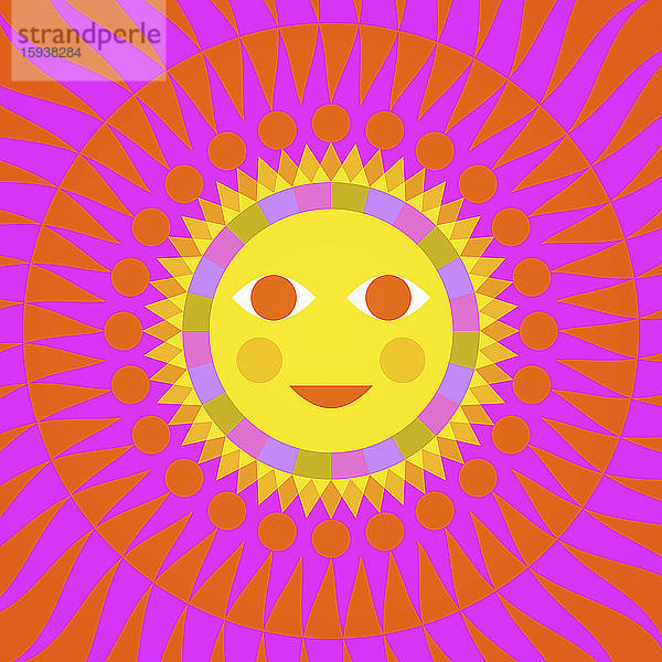 Voller Rahmen  neonfarbene Sonne mit lächelndem Gesicht