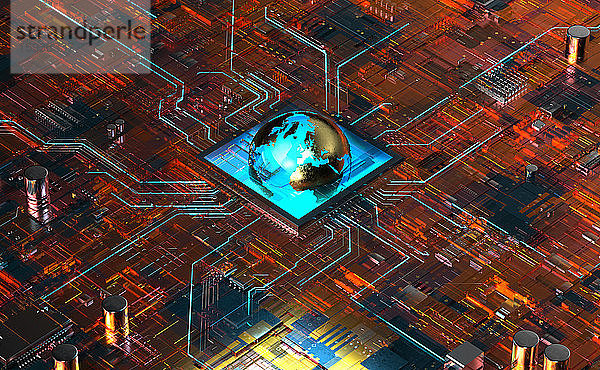 Glühende Weltkugel in der Mitte einer Hightech-Computerplatine