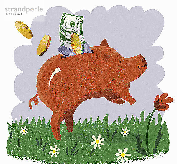 Glückliches Sparschwein voller US-Dollars