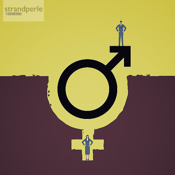 Ein Mann steht auf einem männlichen Geschlechtssymbol mit einer Frau in einem weiblichen Symbolloch