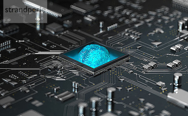 Glühendes menschliches Gehirn in der Mitte einer Hightech-Computerplatine
