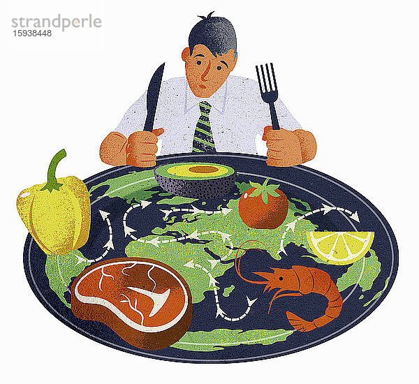 Mann mit Teller mit Speisen aus aller Welt